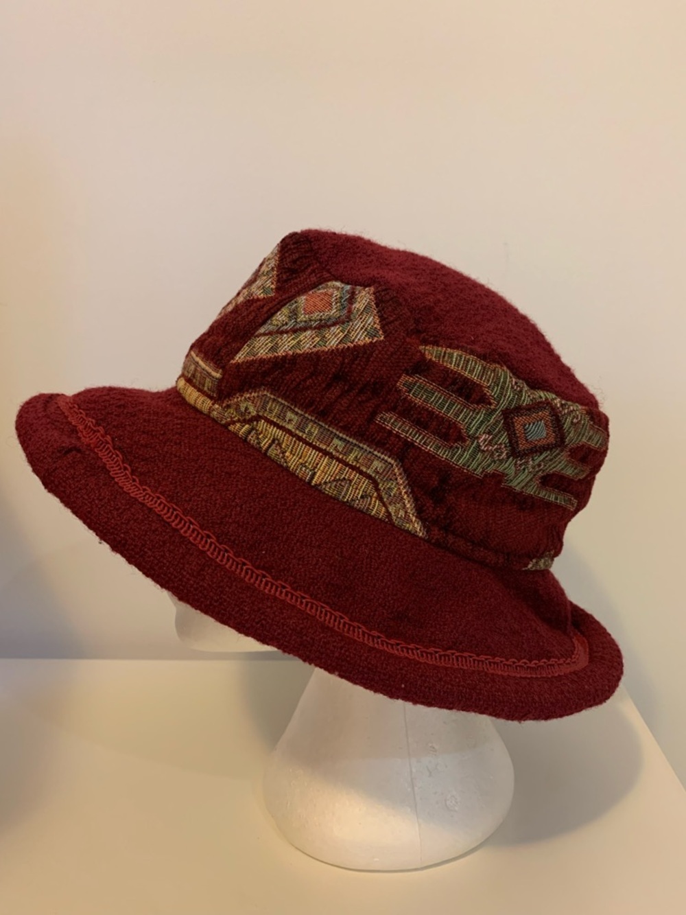 Boho Chic Burgundy Bucket Hat with Geometric Trim